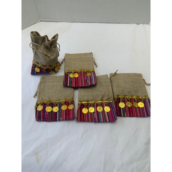 Set of 12 Henna Jute Drawstring Pouches with Decorative Coins and Colorful Trim - Picture 2 of 12